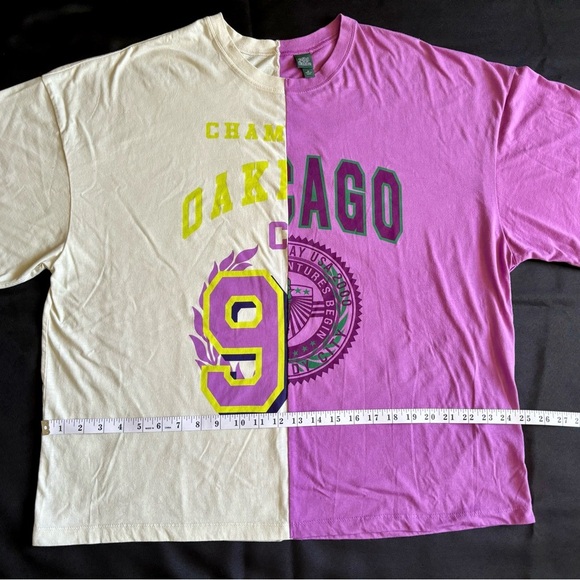 Oakland Chicago Split T Shirt Womens Medium Beige Purple Short Sleeve Baggy - Picture 4 of 6